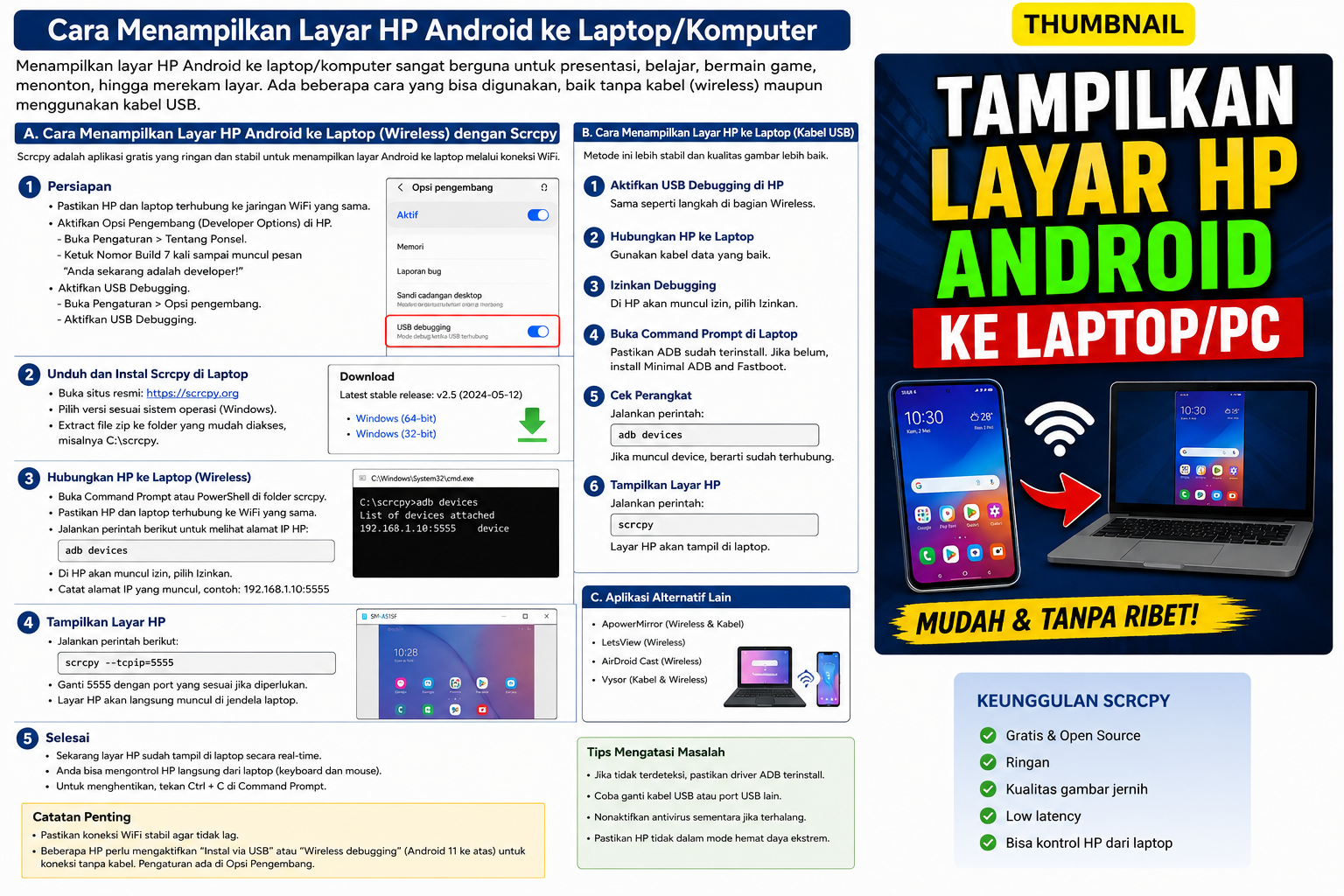 Cara Menampilkan Layar HP Android ke Laptop/Komputer